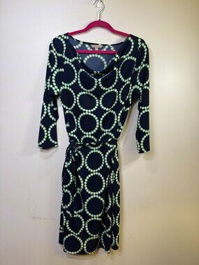 Navy Green Geometric Cowl Neck Tie Waist Dress